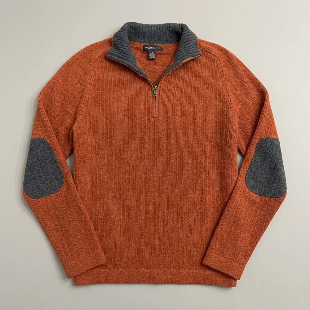 Banana Republic Mens M Lambswool Cashmere Quarter-Zip Elbow Patch Sweater Rust